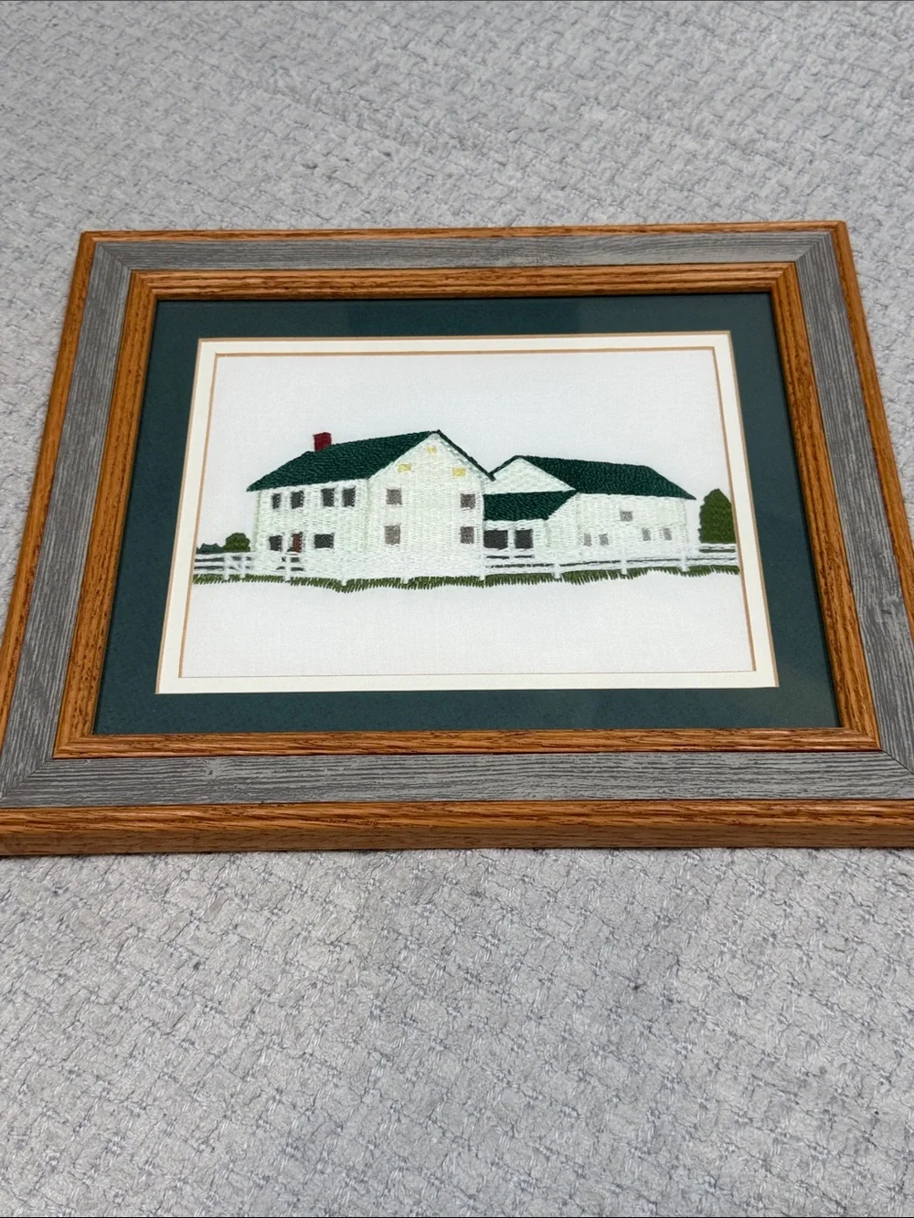 Vtg Needlepoint Embroidered White Farmhouse Crewel Barn wood Frame Wall Hanging
